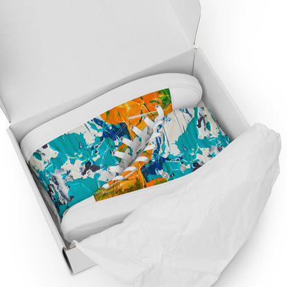Women's high top canvas sneaker in teal, green and orange brushwork, with a padded collar.