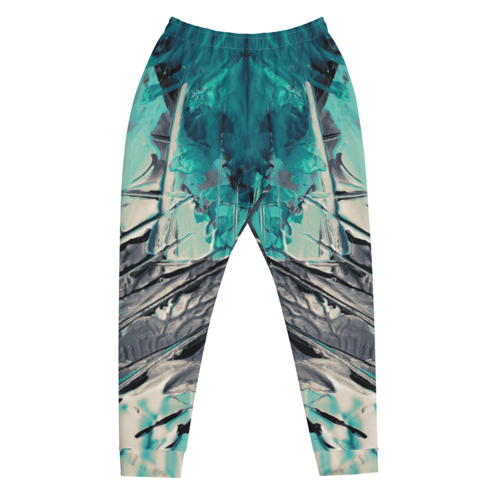 Men's slim fit joggers in a teal and green wash, with an elastic drawstring waist.