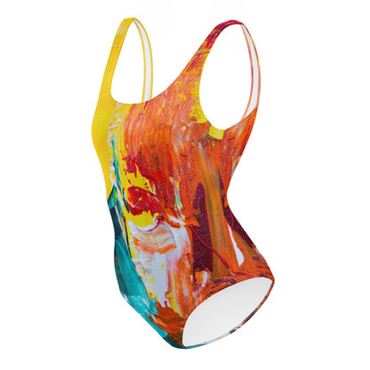 One-piece swimsuit printed in teal, orange and yellow brushwork, with a scoop back.