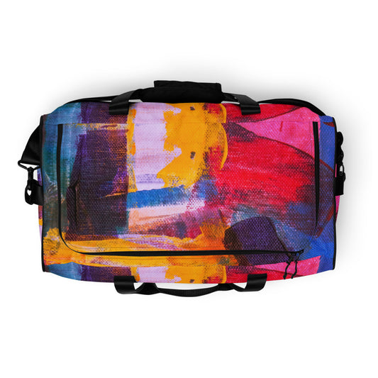 Travel duffle bag in orange, blue and cream brushwork, with an adjustable padded strap.