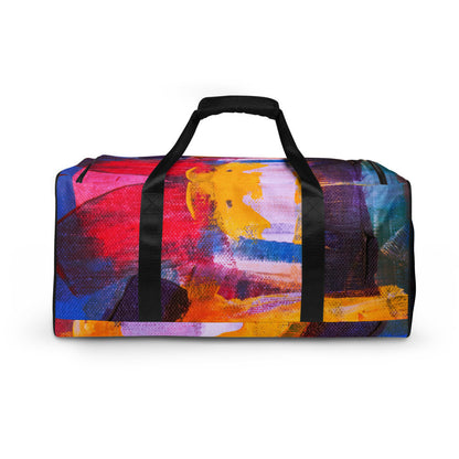 Travel duffle bag in orange, blue and cream brushwork, with an adjustable padded strap.