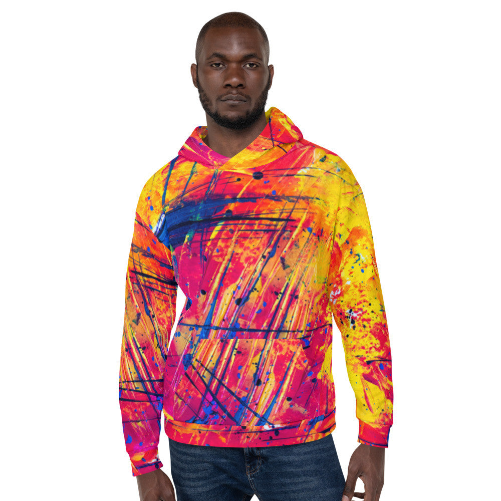 Unisex fleece hoodie in yellow and pink with dark scoring across the print.