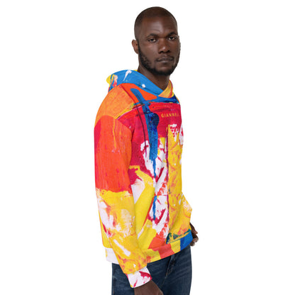 Unisex fleece hoodie in a yellow and red painterly print, with drawstrings at the hood.