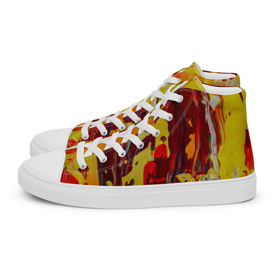 Women's high top canvas sneaker in yellow and red flame-like strokes, laced to the ankle.