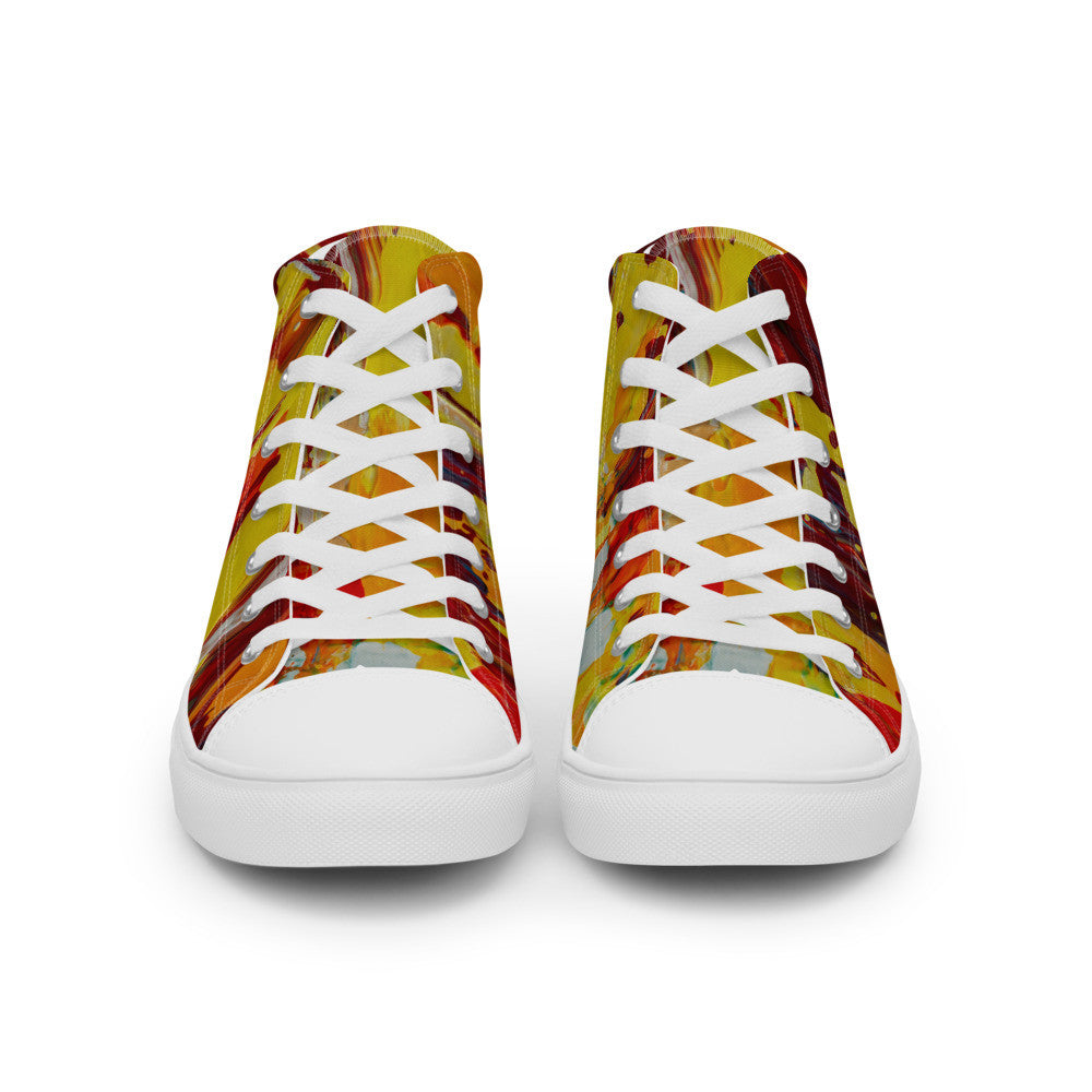 Women's high top canvas sneaker in yellow and red flame-like strokes, laced to the ankle.