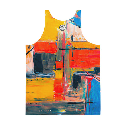 Unisex tank top in yellow, orange and red blocks, printed before the panels are cut.