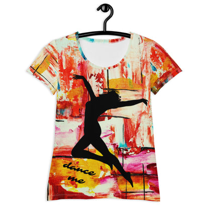 Dance Me women's athletic tee, black dancer silhouette printed over a painted multicolor ground.