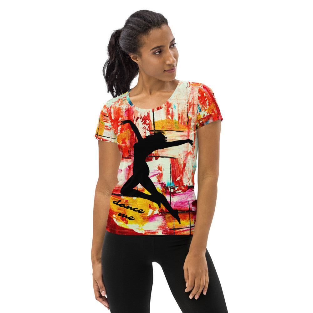 Dance Me women's athletic tee, black dancer silhouette printed over a painted multicolor ground.