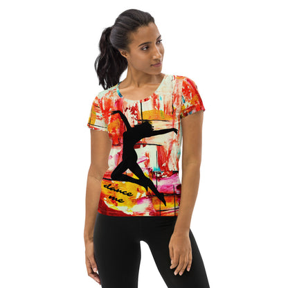 Dance Me women's athletic tee, black dancer silhouette printed over a painted multicolor ground.