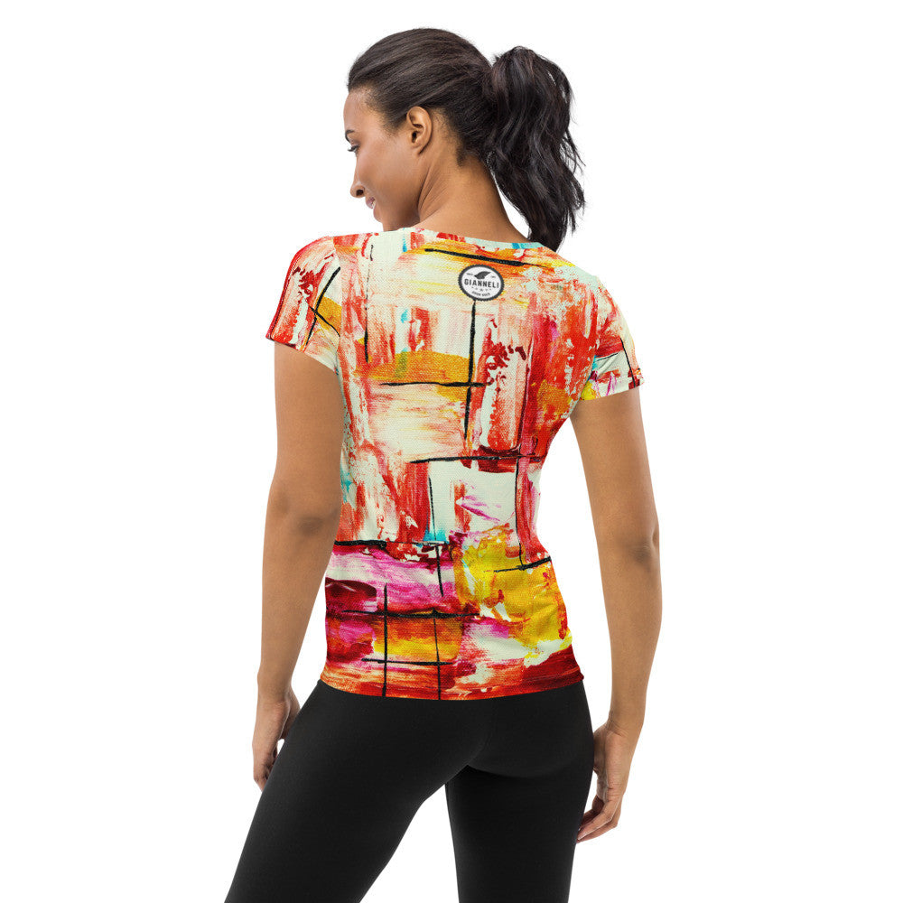 Dance Me women's athletic tee, black dancer silhouette printed over a painted multicolor ground.