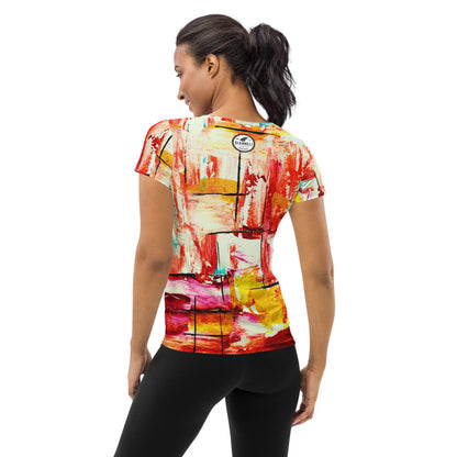 Dance Me women's athletic tee, black dancer silhouette printed over a painted multicolor ground.
