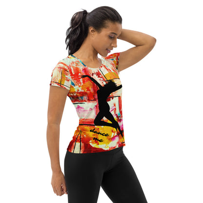 Dance Me women's athletic tee, black dancer silhouette printed over a painted multicolor ground.