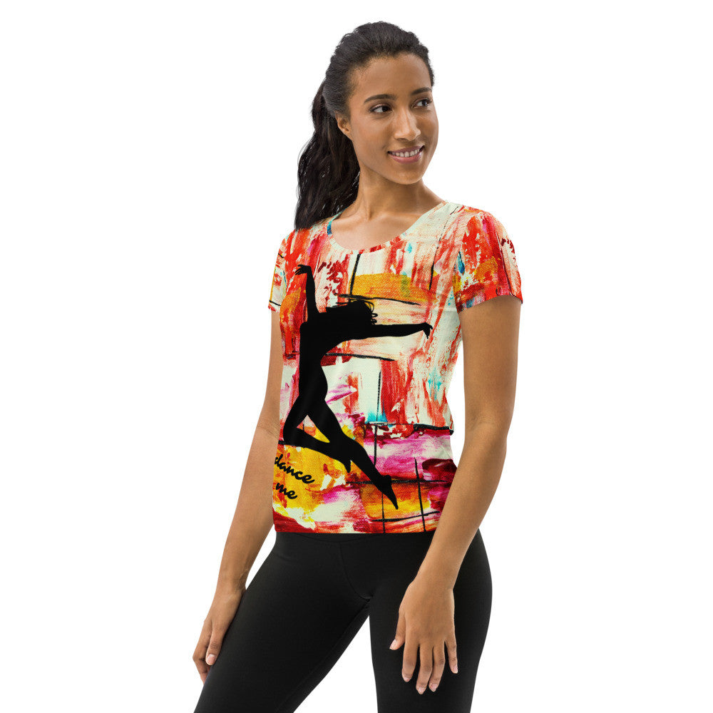 Dance Me women's athletic tee, black dancer silhouette printed over a painted multicolor ground.