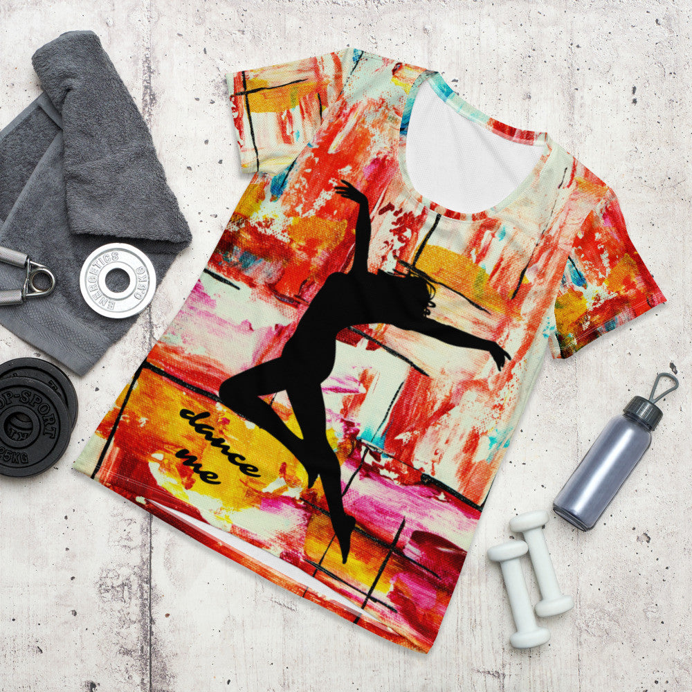 Dance Me women's athletic tee, black dancer silhouette printed over a painted multicolor ground.