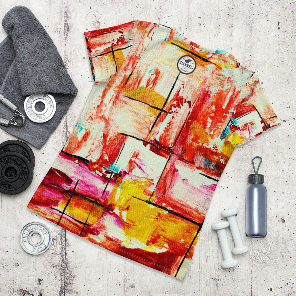 Dance Me women's athletic tee, black dancer silhouette printed over a painted multicolor ground.