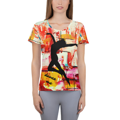 Dance Me women's athletic tee, black dancer silhouette printed over a painted multicolor ground.