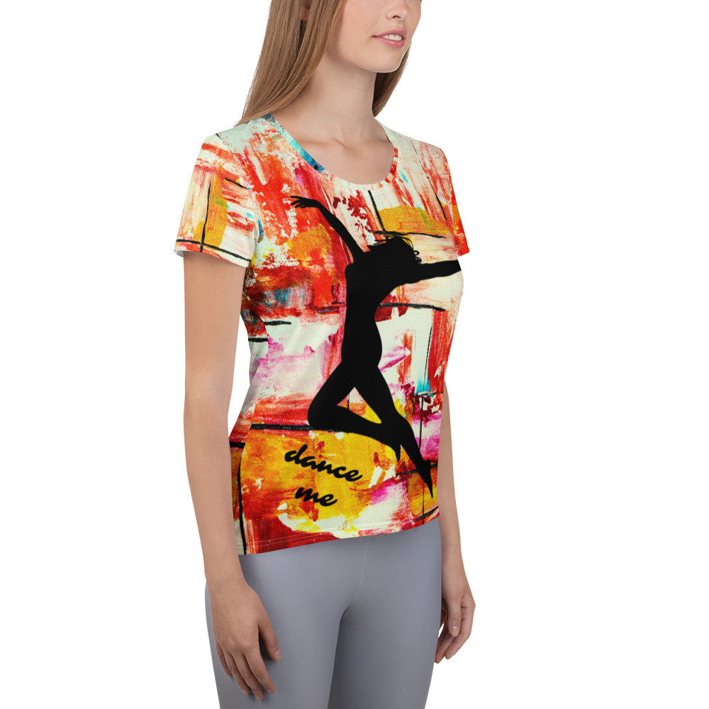 Dance Me women's athletic tee, black dancer silhouette printed over a painted multicolor ground.