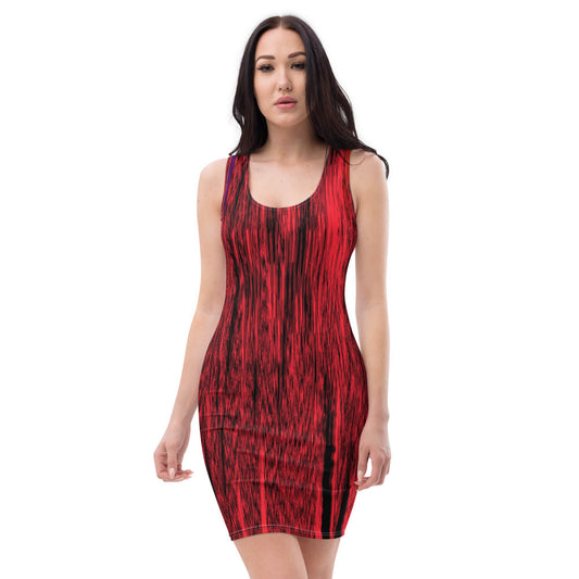 Flames fitted dress in deep red with a flame-like pattern running the length of the body.