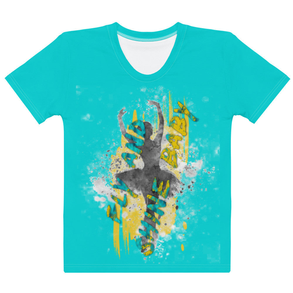 Fly And Shine women's jersey tee, turquoise ground with a leaping figure and yellow splashes.