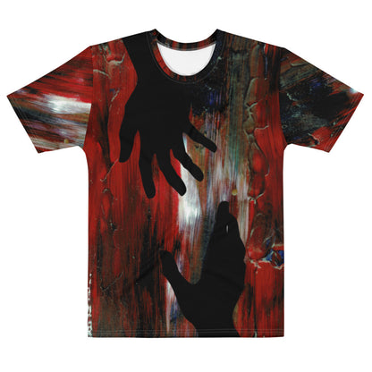 Giving Back men's crew neck tee in a dark painterly wash, printed edge to edge across the garment.