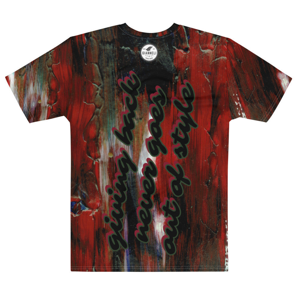 Giving Back men's crew neck tee in a dark painterly wash, printed edge to edge across the garment.