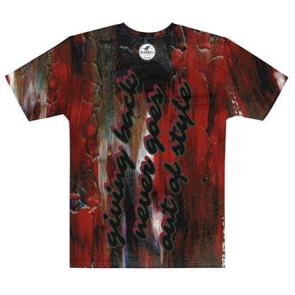 Giving Back men's crew neck tee in a dark painterly wash, printed edge to edge across the garment.