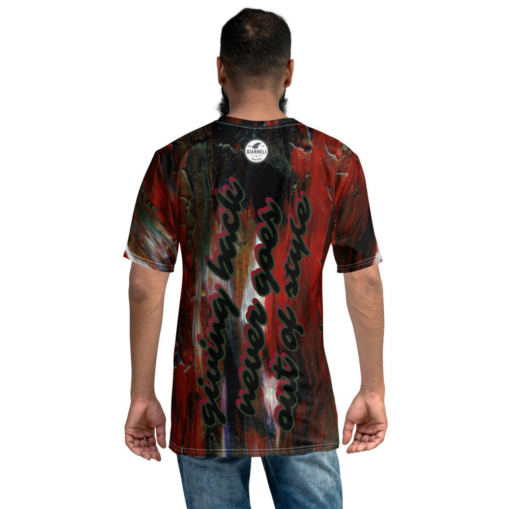 Giving Back men's crew neck tee in a dark painterly wash, printed edge to edge across the garment.