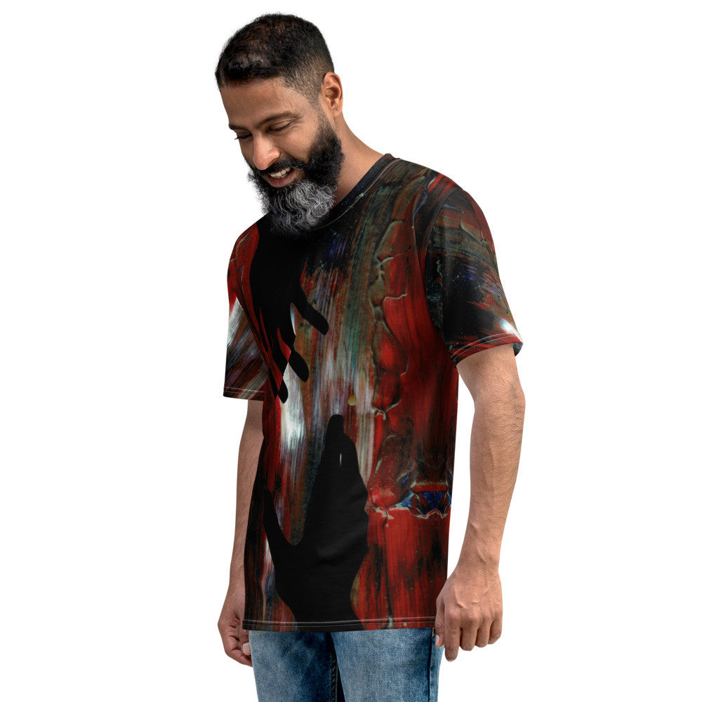 Giving Back men's crew neck tee in a dark painterly wash, printed edge to edge across the garment.