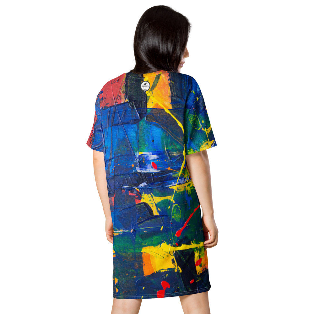 Oversize T-shirt dress in blue and yellow blocks, with Hug My Colours scripted on the chest.