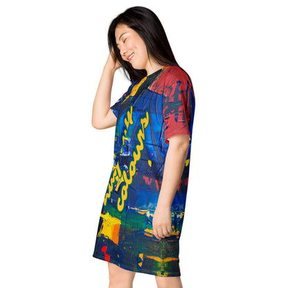 Oversize T-shirt dress in blue and yellow blocks, with Hug My Colours scripted on the chest.