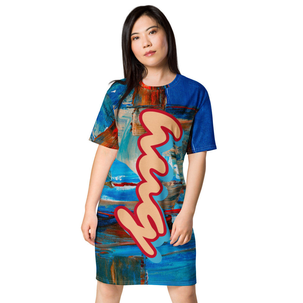 Oversized T-shirt dress in blue and orange blocks, with Hug My Colours scripted in yellow.