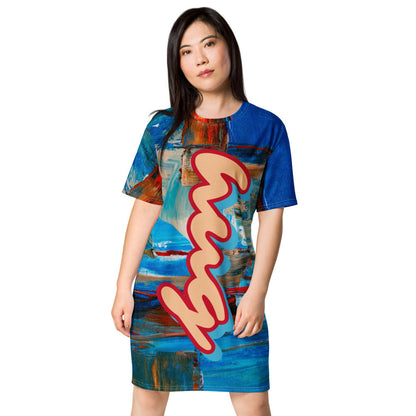 Oversized T-shirt dress in blue and orange blocks, with Hug My Colours scripted in yellow.
