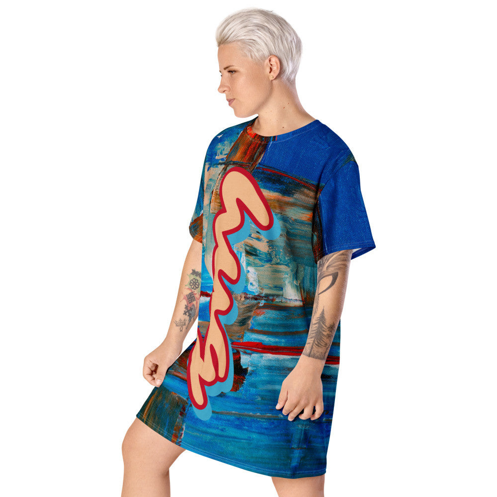 Oversized T-shirt dress in blue and orange blocks, with Hug My Colours scripted in yellow.