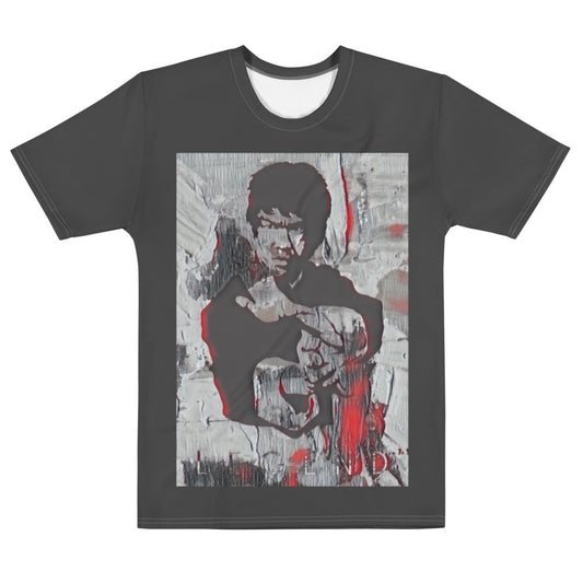 Legend men's crew neck tee, charcoal ground with a framed portrait print on the chest.