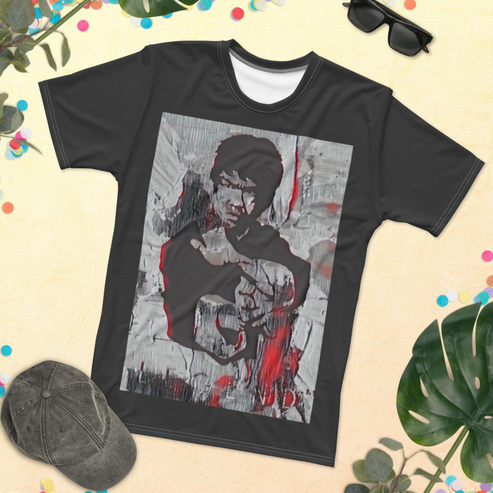 Legend men's crew neck tee, charcoal ground with a framed portrait print on the chest.