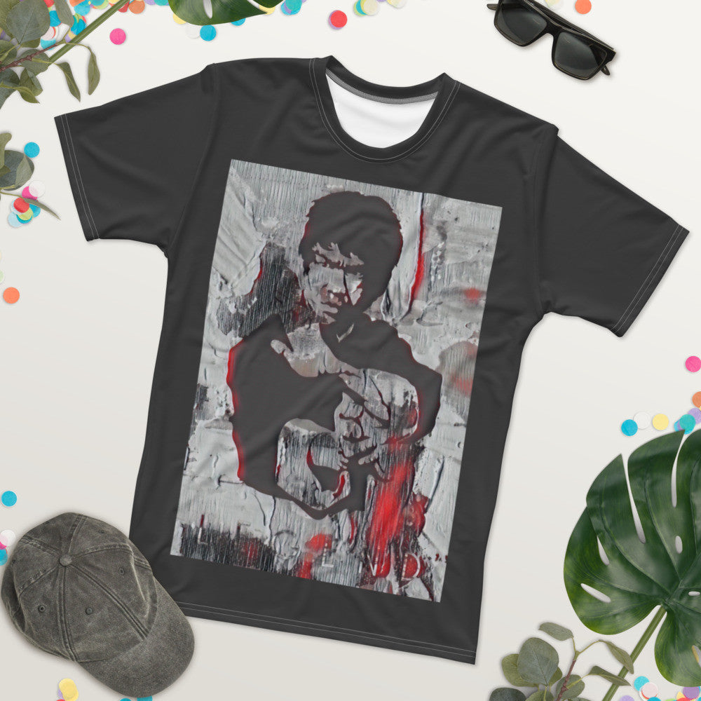 Legend men's crew neck tee, charcoal ground with a framed portrait print on the chest.