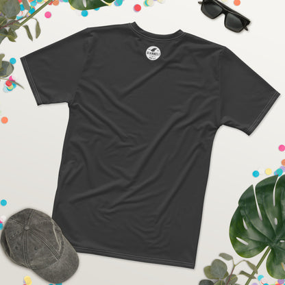 Legend men's crew neck tee, charcoal ground with a framed portrait print on the chest.