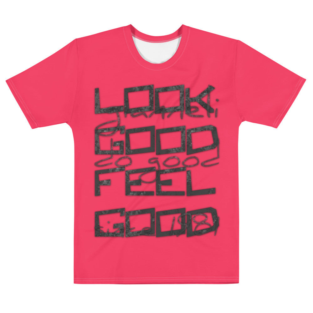Look Good Feel Good men's tee in coral, with the wording hand lettered across the chest.