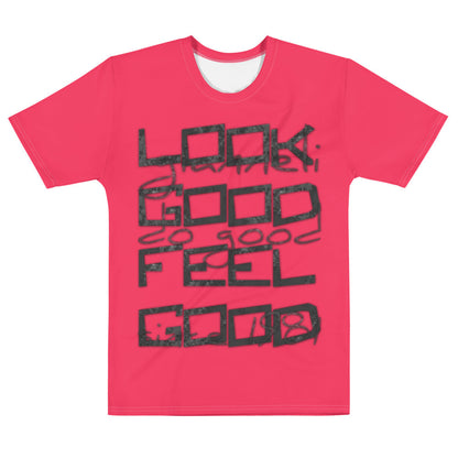 Look Good Feel Good men's tee in coral, with the wording hand lettered across the chest.