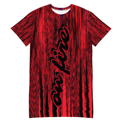 On Fire oversize T-shirt dress in deep red, with the words on fire scripted down the front.