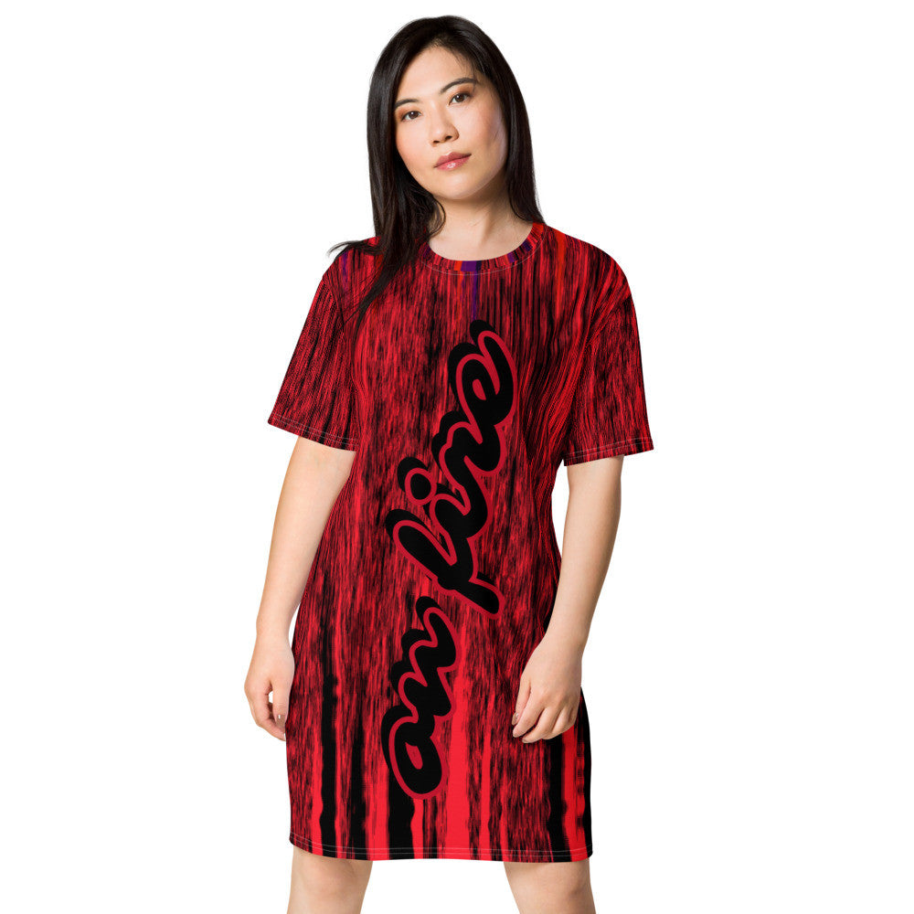 On Fire oversize T-shirt dress in deep red, with the words on fire scripted down the front.