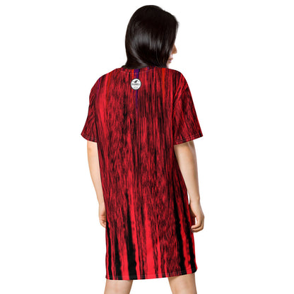 On Fire oversize T-shirt dress in deep red, with the words on fire scripted down the front.