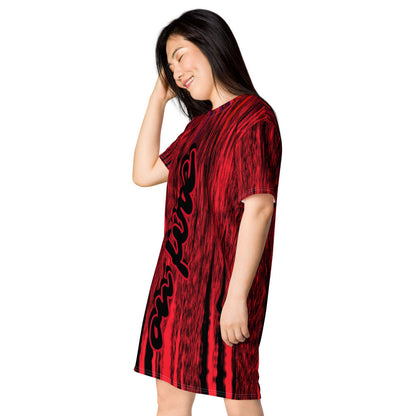 On Fire oversize T-shirt dress in deep red, with the words on fire scripted down the front.