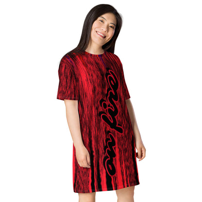 On Fire oversize T-shirt dress in deep red, with the words on fire scripted down the front.
