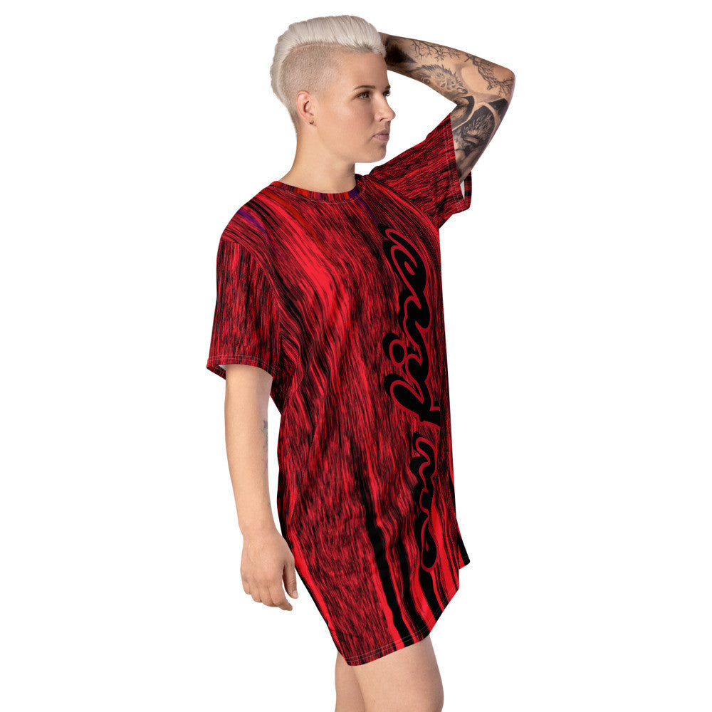 On Fire oversize T-shirt dress in deep red, with the words on fire scripted down the front.