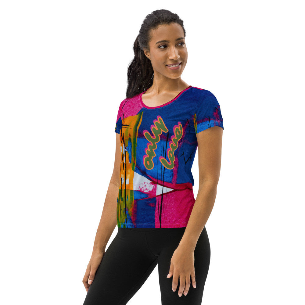 Only Love women's athletic tee, pink and multicolor blocks with only love in script.