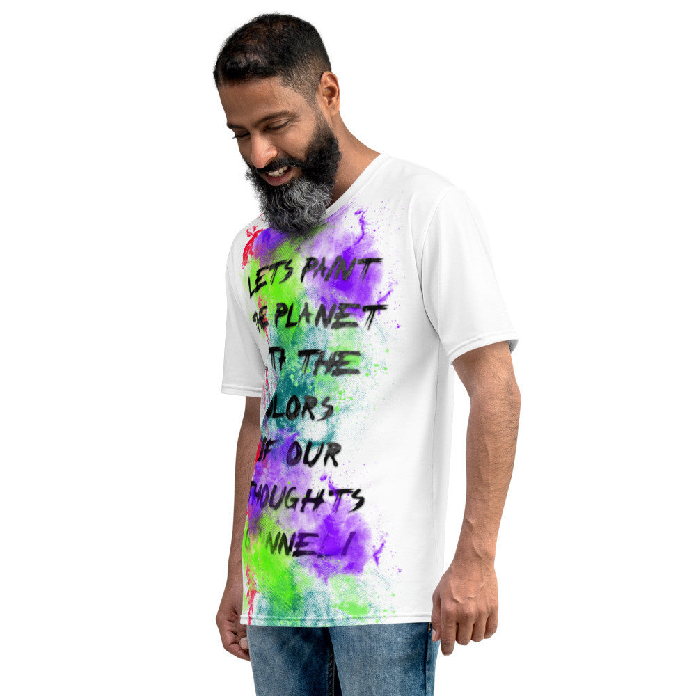 Paint The Planet men's tee, white jersey with a watercolor bloom and a sentence in script.
