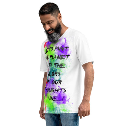 Paint The Planet men's tee, white jersey with a watercolor bloom and a sentence in script.