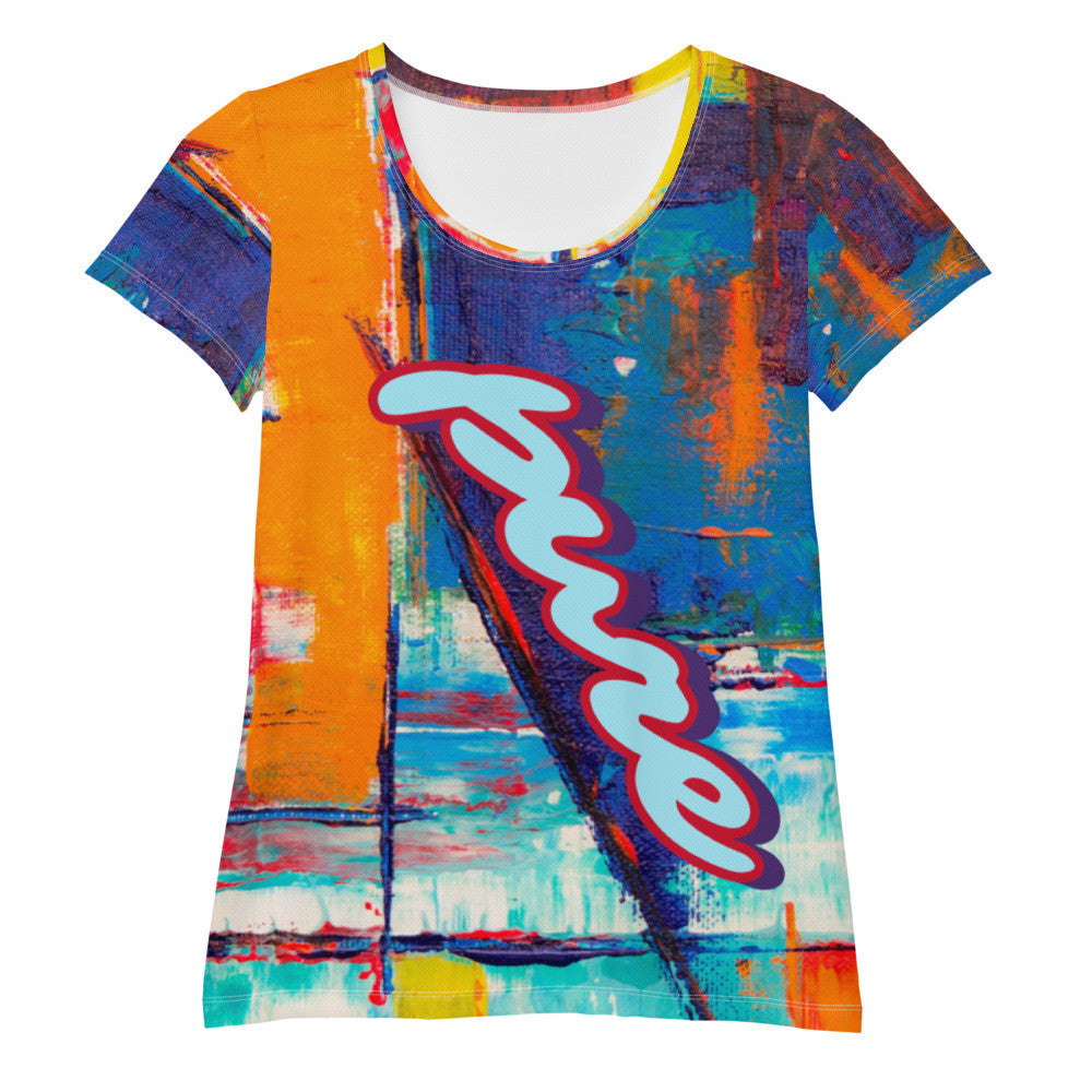 Pure Love women's athletic tee, orange and blue ground with the word pure in pink script.