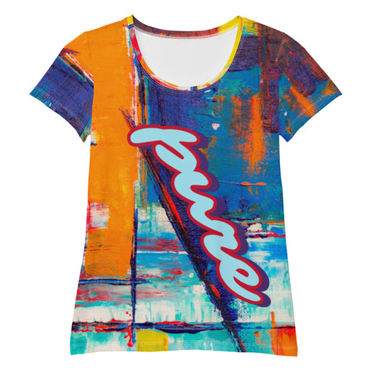 Pure Love women's athletic tee, orange and blue ground with the word pure in pink script.